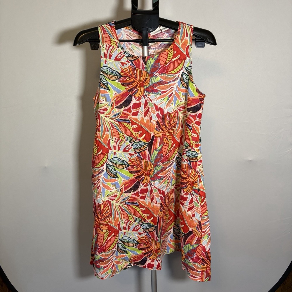 C&C California Medium 100% Linen Shift Bright  Tropical Mini Dress Pocket Resort